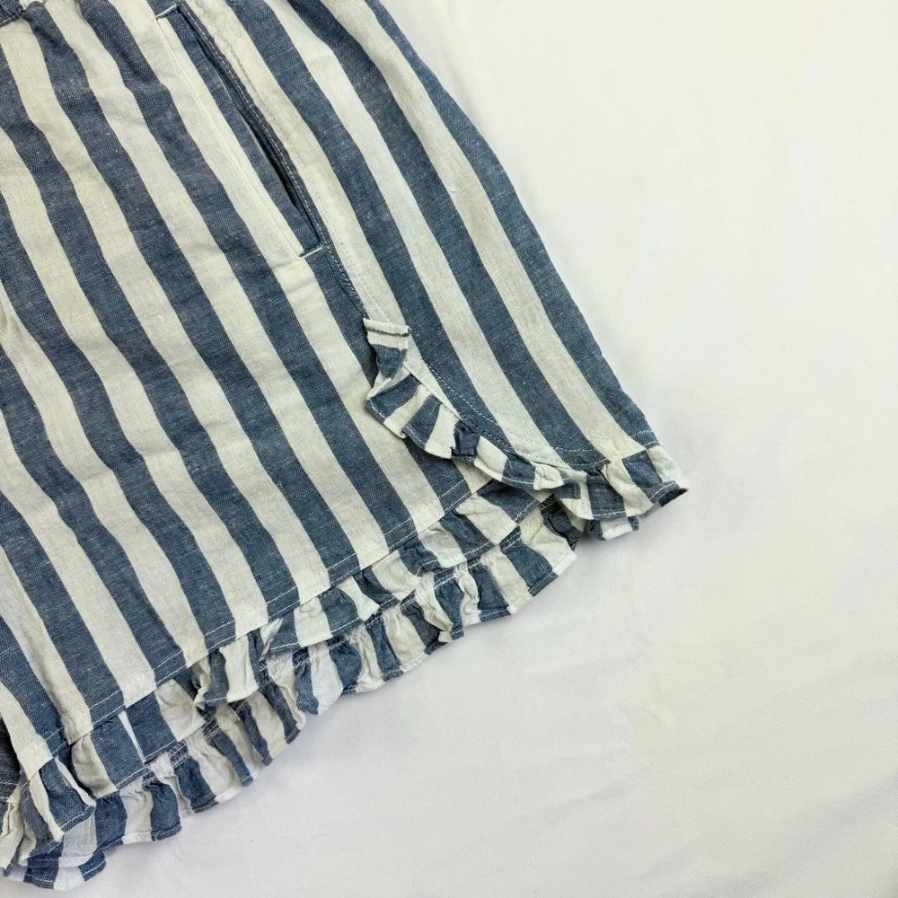 beachlunchlounge Striped Ruffle Hem Linen Shorts in Blue & White Size Large EUC